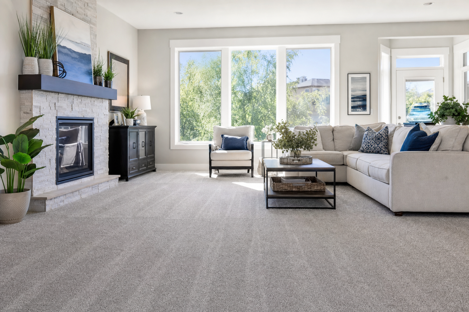 Bright, freshly deep-cleaned living room carpet in a modern Alamogordo home