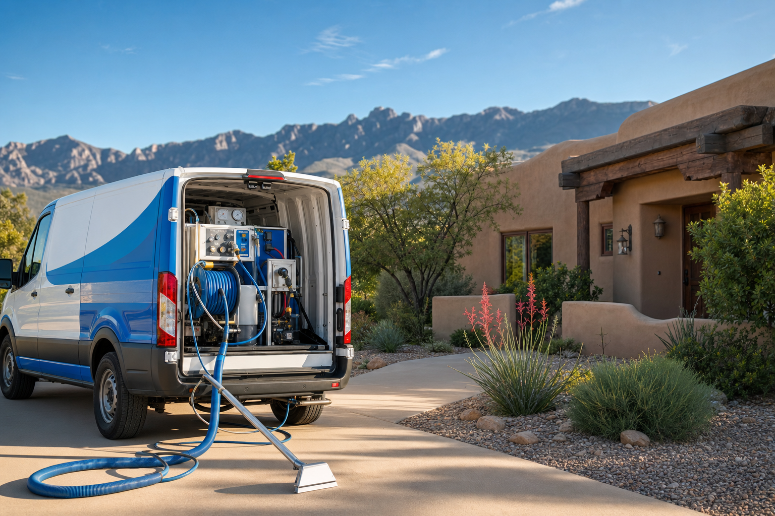 Showcase Carpets & Tile truck-mounted hot-water extraction unit at a home in Alamogordo